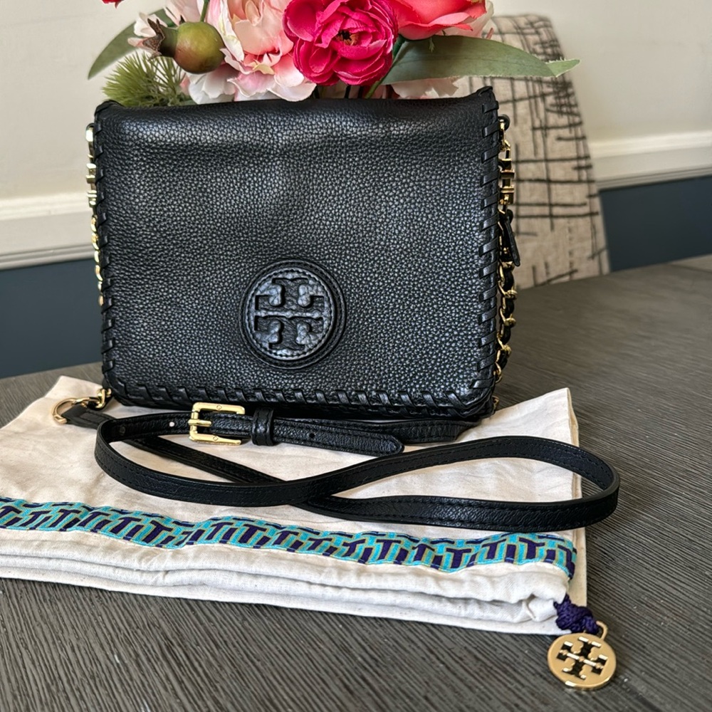 Tory Burch Marion Leather Whipstitch Black Crossbody Bag